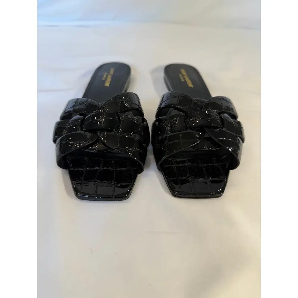 Saint Laurent Tribute Croc Embossed Leather Flat Mules Black EU 38 Italy